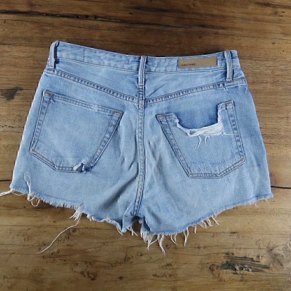 GRLFRND HELENA TAINTED LOVE DISTRESSED CUT OFF BUTTON FLY BLUE JEANS SIZE 25 - Picture 8 of 9
